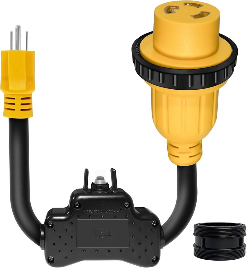 CORDMITPRO 1.5FT Overload Protection 15 Amp to 30 Amp Marine Shore Power Adapter with Circuit Breaker, Nema 5-15P to L5-30R Twist Lock Boat Shore Power Cord for Yacht, 30A Receptacle to 110V 15A Household Plug - Image 1